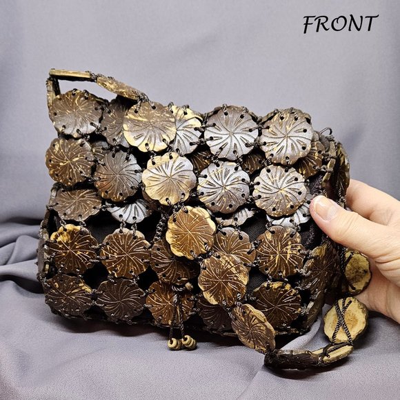 Small Coconut Shell Handbag Vintage (90s) - purchased in Hawaii - 8"Lx4"W - Picture 1 of 11